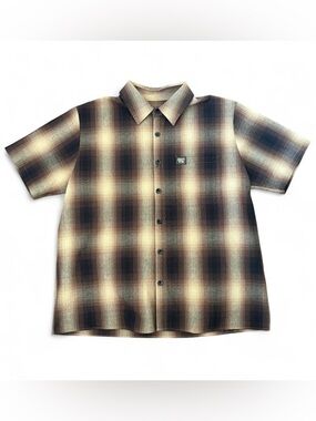 FB County Checker Shirt Size Large Brown Plaid Short Sleeve Zip Front Casual